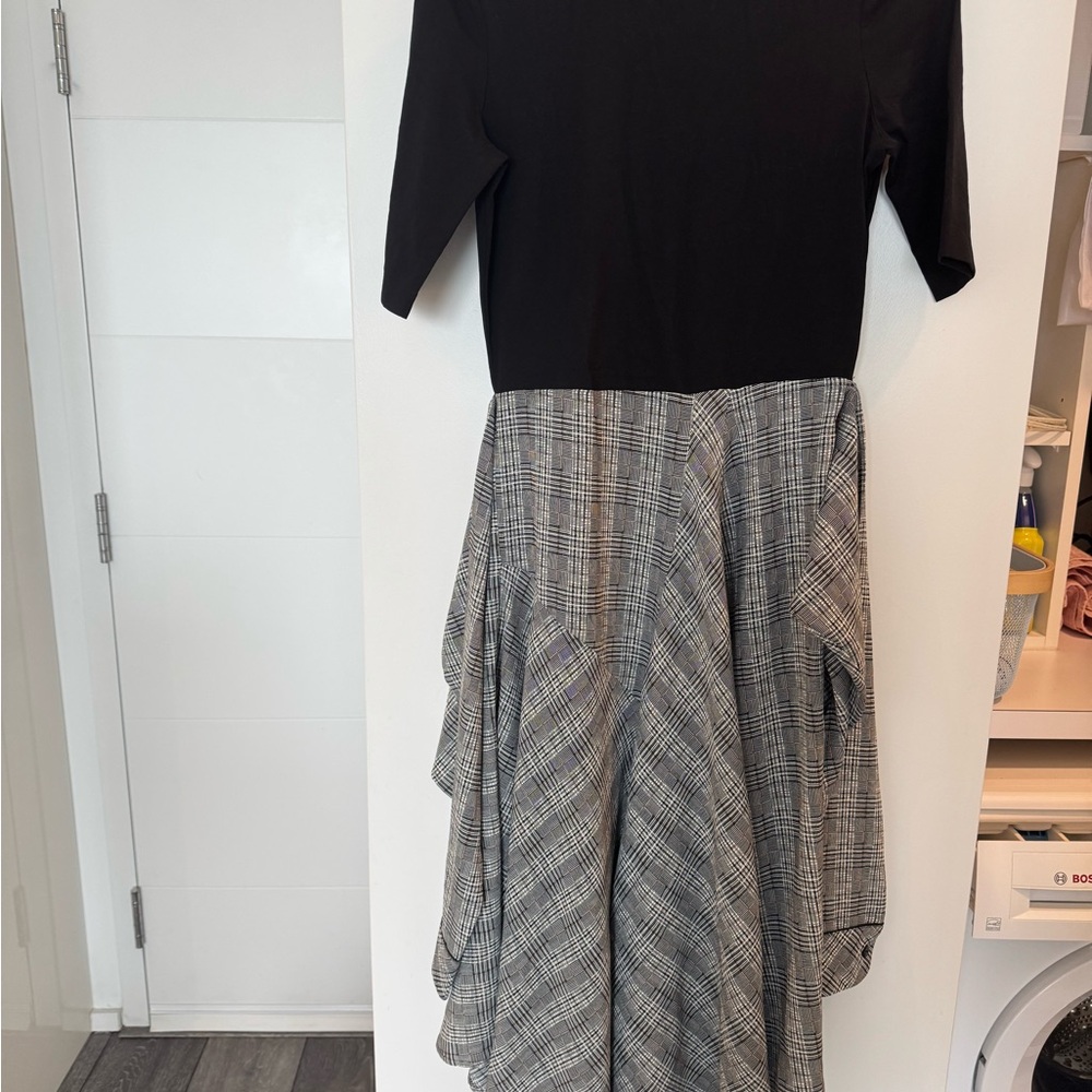 Maje Black and White Pleated Fit and Flare Dress